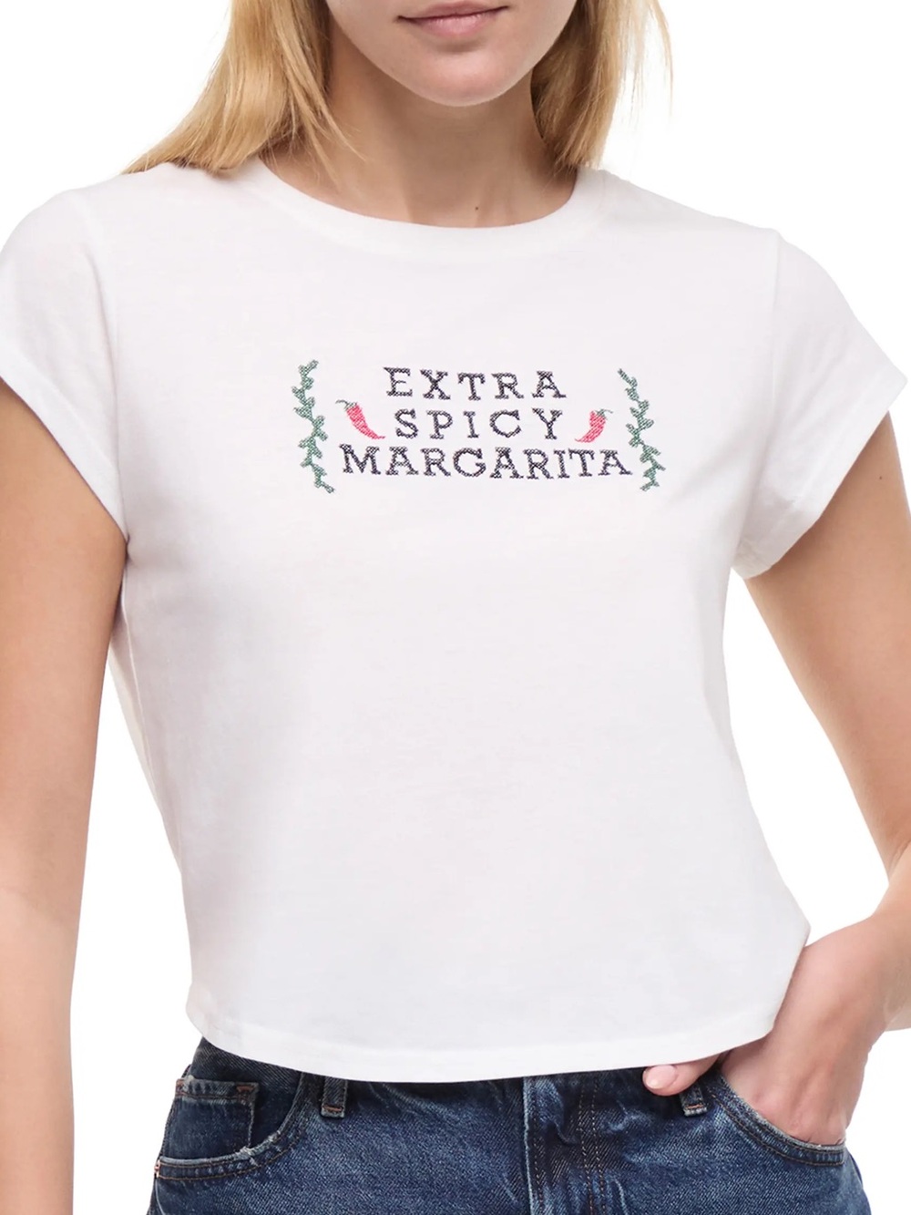 WILDFOX Embroidered Lina Extra Spicy Margarita White T-Shirt | Graphic Tee